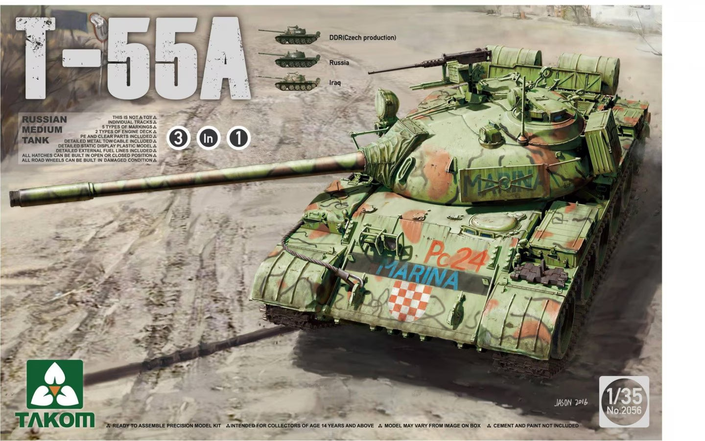 Model tank T-55A with camouflage pattern on a textured surface, featuring Takom branding.
