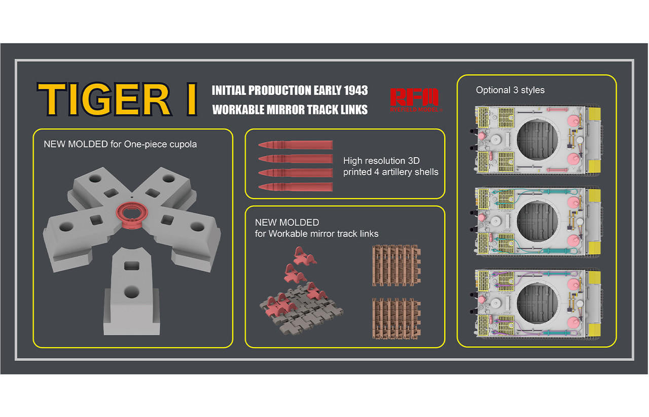Tiger I Early 1943 kit features one-piece cupola, mirror track links, and 3D printed shells