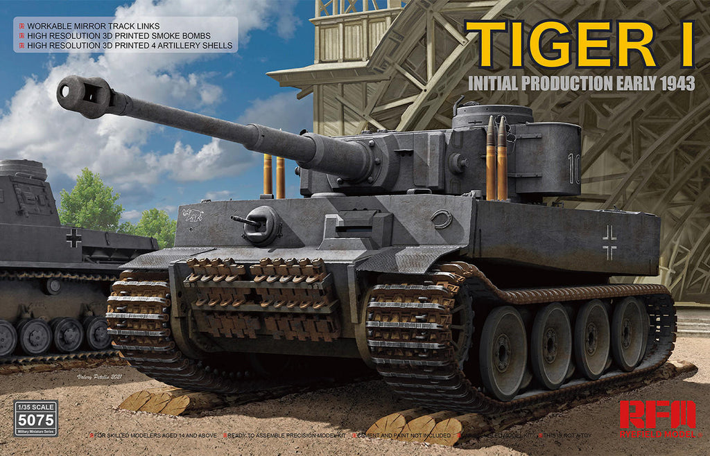 Rye Field Model 1:35 Tiger I Initial Production Early 1943 plastic model kit featuring workable mirror track links, photo-etched parts, finely detailed early-production features, and authentic WWII German markings.
