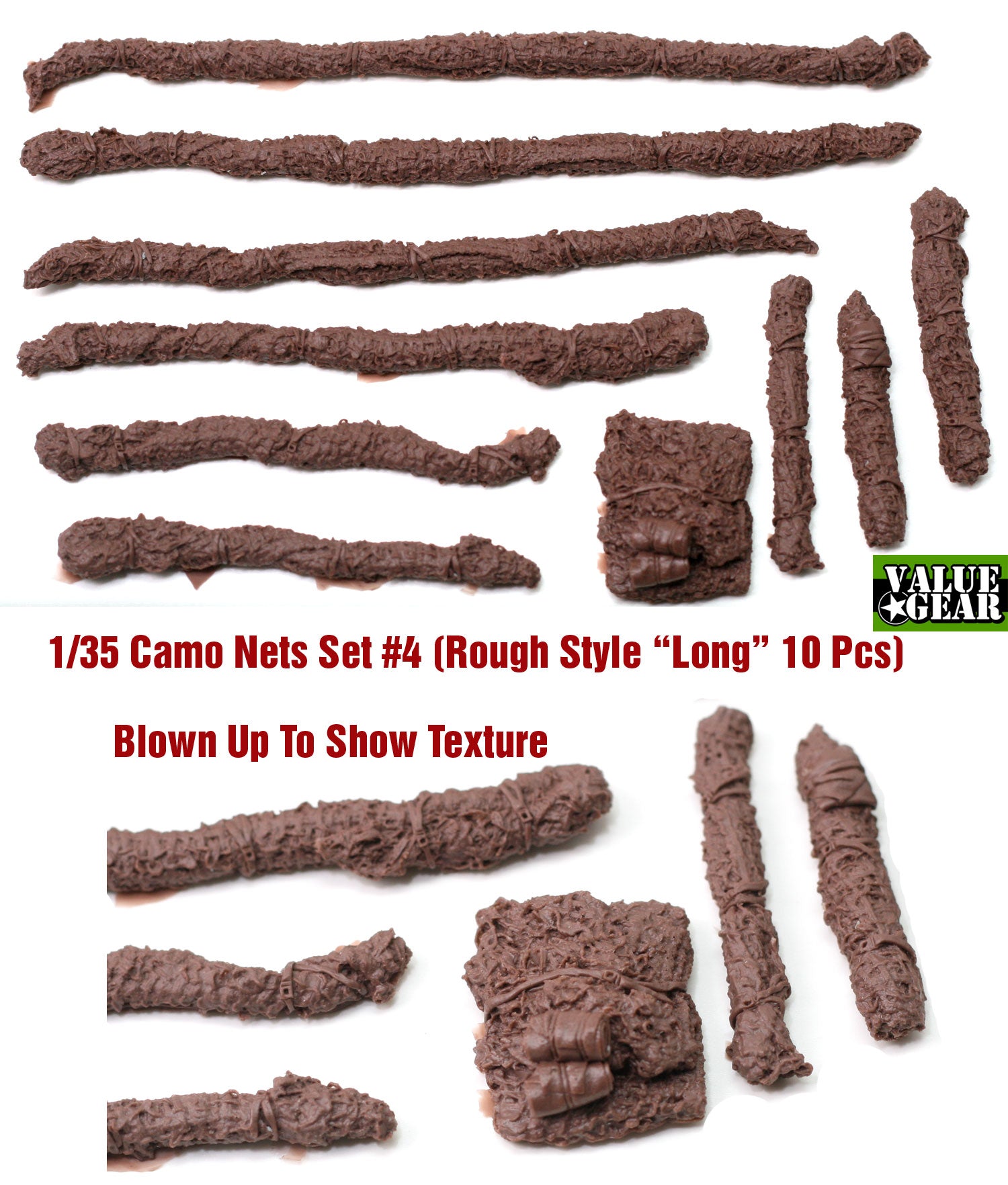 Value Gear 1/35 Camo Nets Set #4 Rough Style Long resin accessory set with 10 textured camouflage nets for WWII military vehicles, tanks, artillery, and scale model dioramas