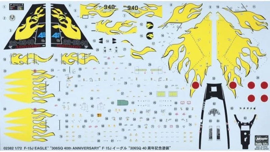Model airplane decal sheet with yellow flames and red accents