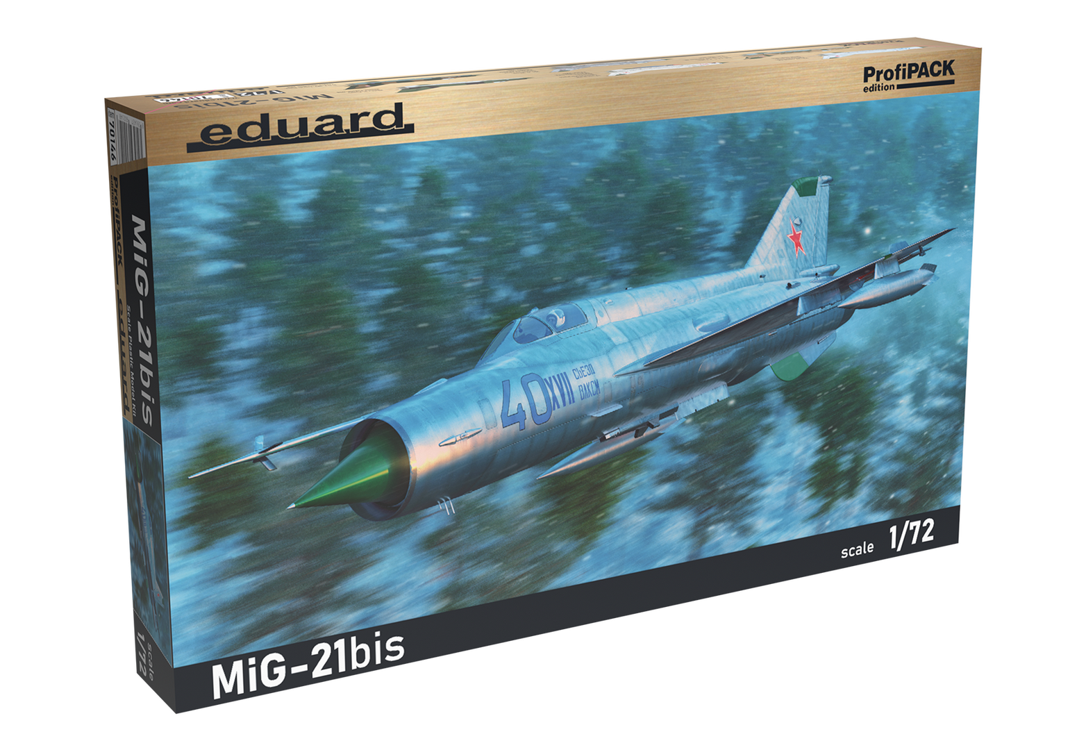 Eduard 1/72 MiG-21bis ProfiPACK plastic model kit featuring the iconic Soviet Cold War jet fighter with pre-painted photo-etched parts and six marking options.