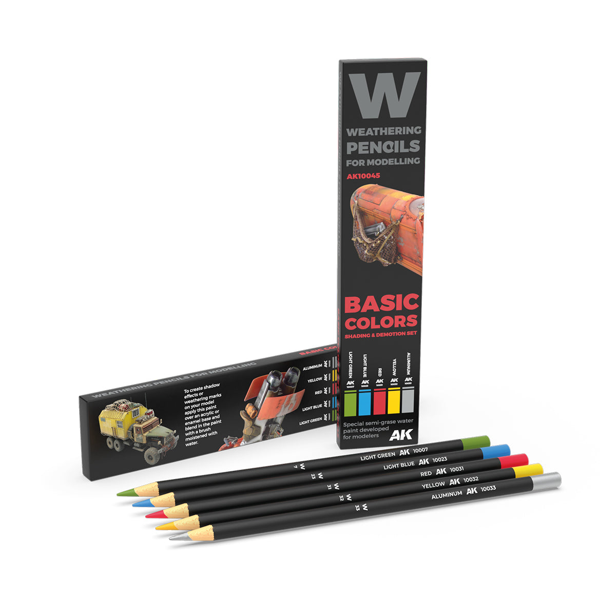 AK Interactive AK10045 Basic Colors Weathering Pencil Set with five colors for shading and model weathering.
