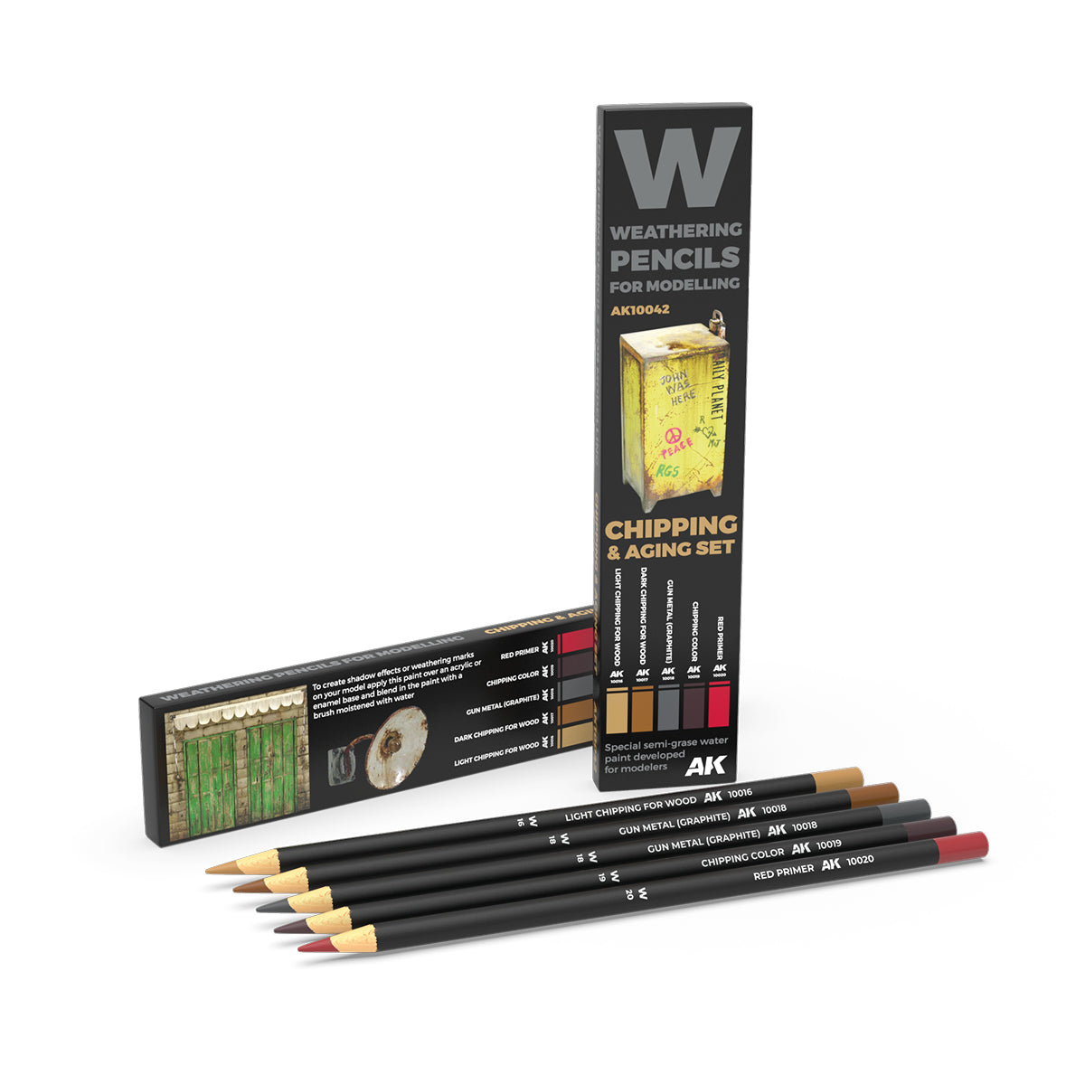 AK Interactive AK10042 Chipping & Aging Weathering Pencil Set with five colors for scale model weathering.