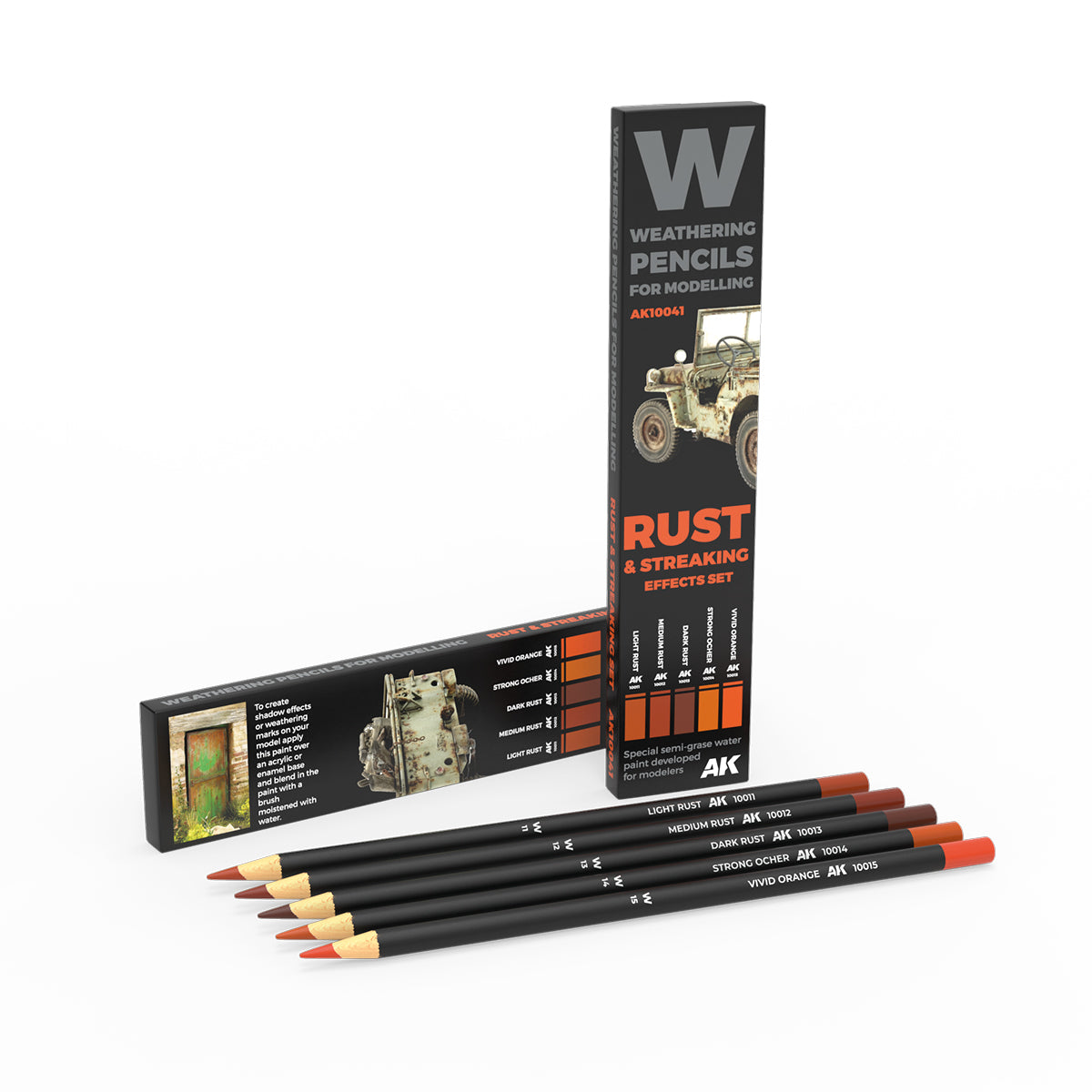 AK Interactive AK10041 Rust & Streaking Effects Set with five weathering pencils for scale modeling.