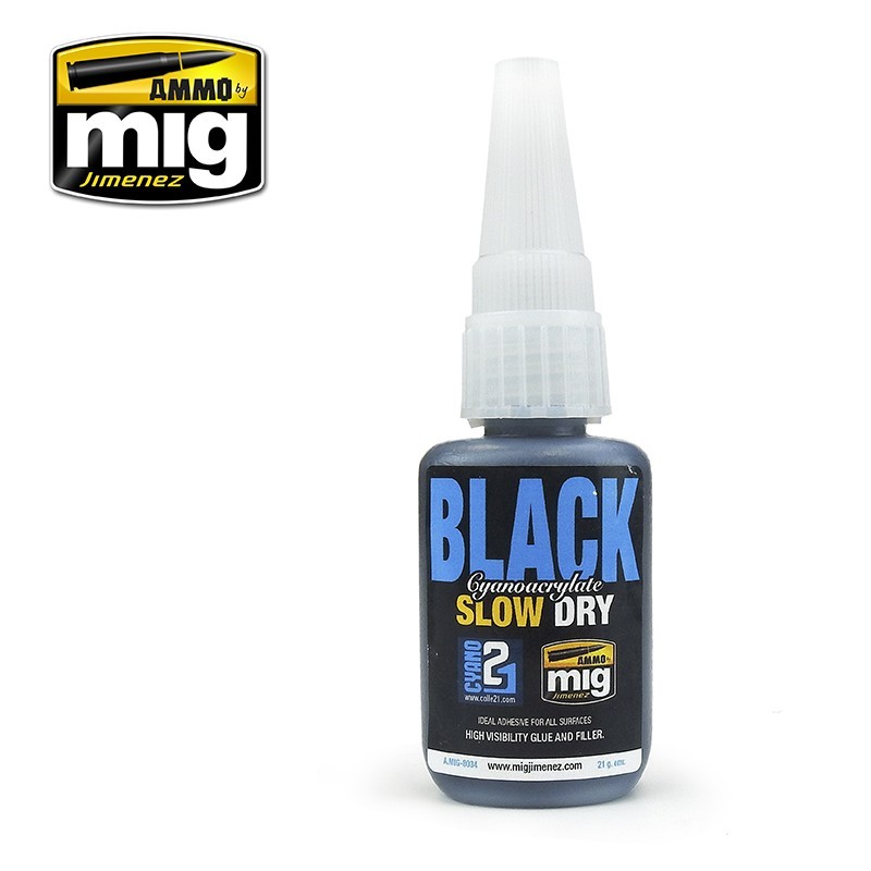 AMMO by Mig AMM8034 Black Slow Dry Cyanoacrylate 21g modeling adhesive and filler.