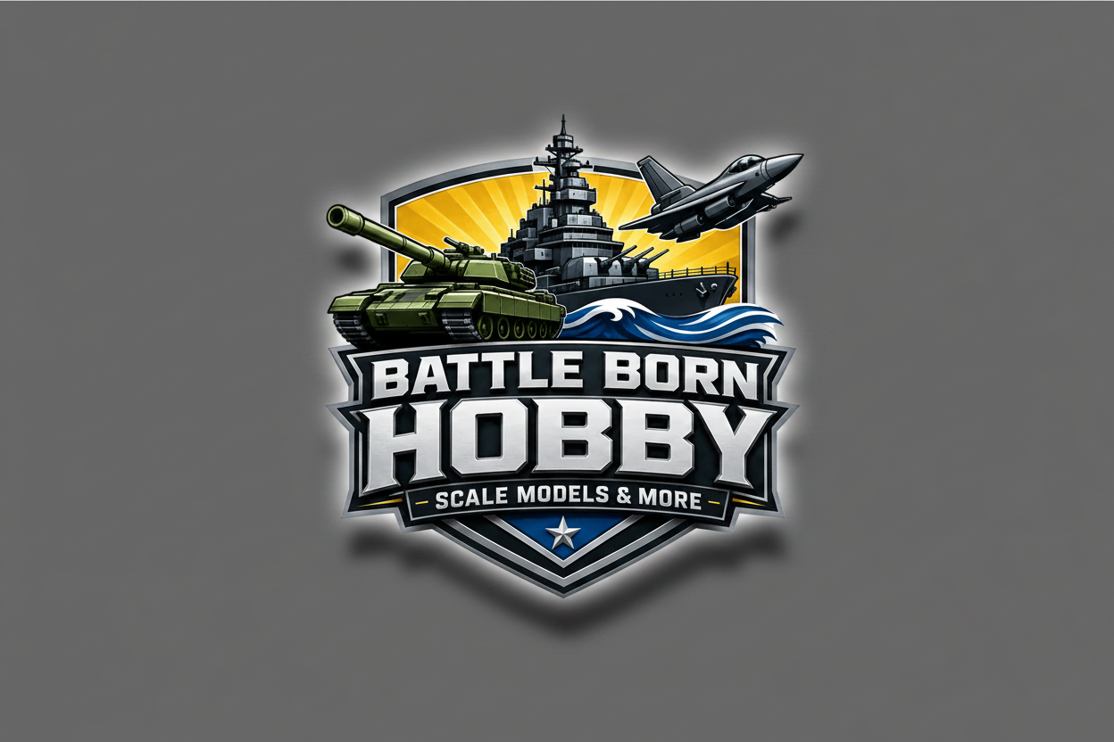 Battle Born Hobby logo featuring a tank, battleship, and fighter jet with the tagline "Scale Models & More."