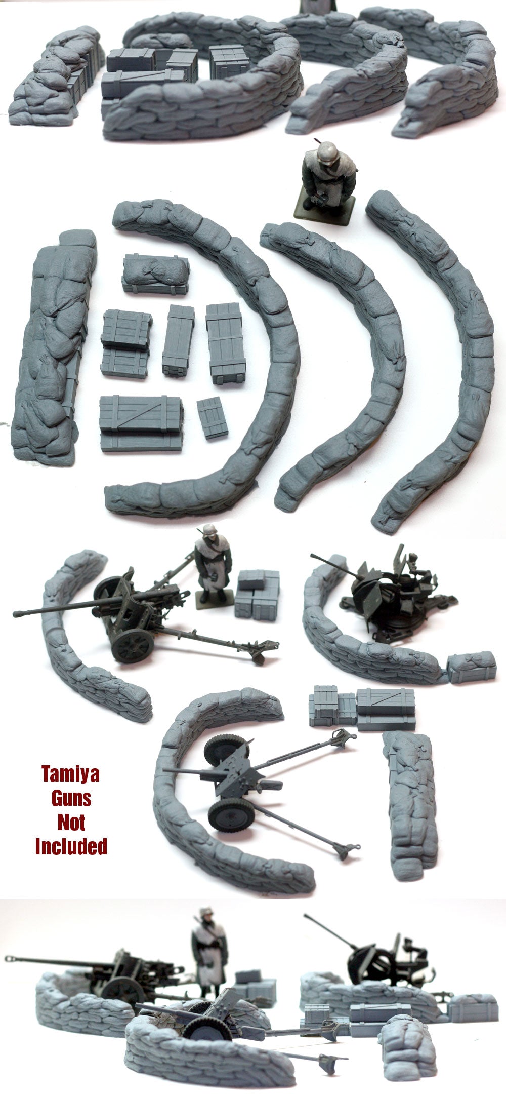 Model building kit components including walls, guns, and other structures on a white background.