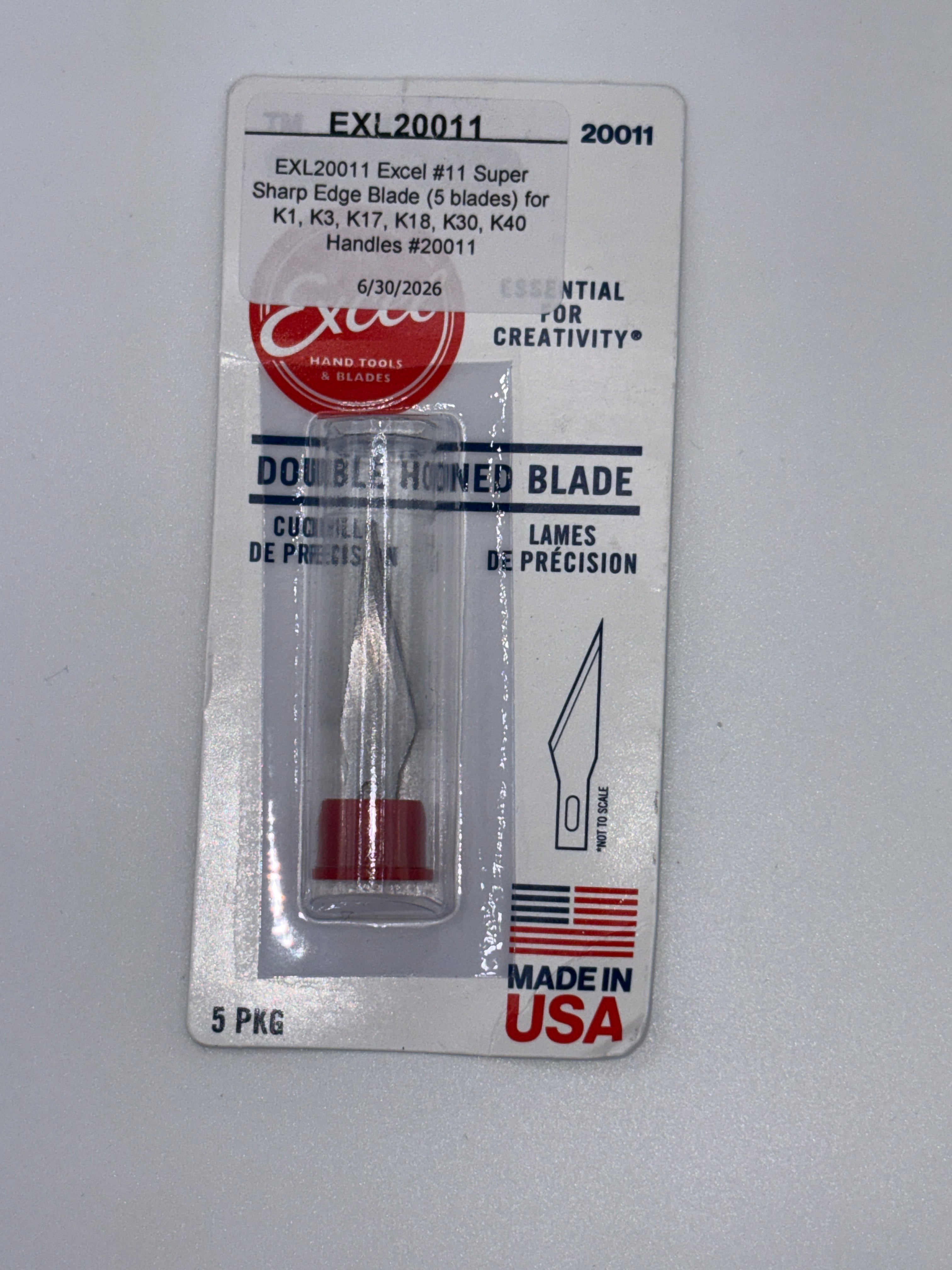 Excel #11 Super Sharp Double-Honed Hobby Blades 5-pack featuring carbon steel replacement blades for K1, K3, K17, K18, K30, and K40 hobby knife handles.