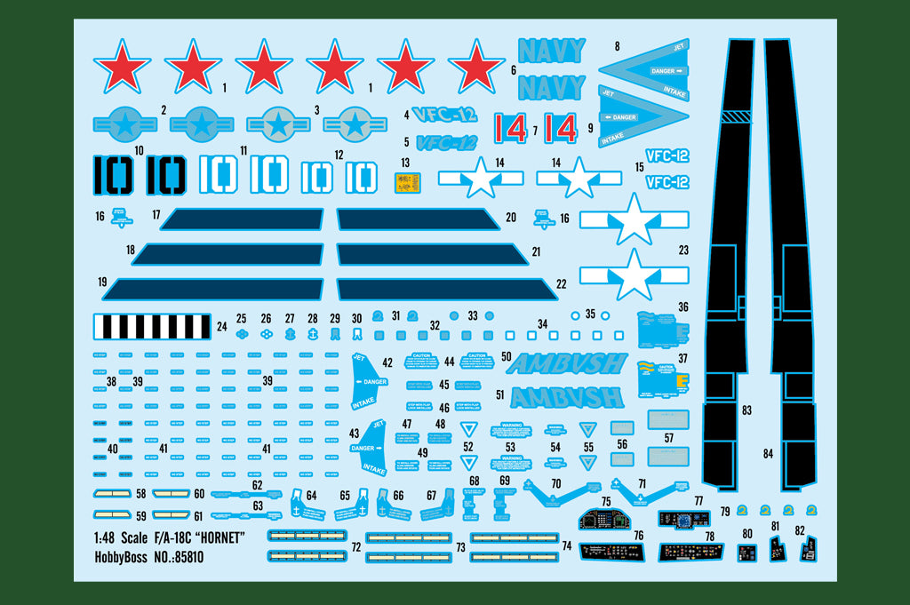 HobbyBoss 1/48 F/A-18C Hornet 85810 decal sheet with VFC-12 markings.