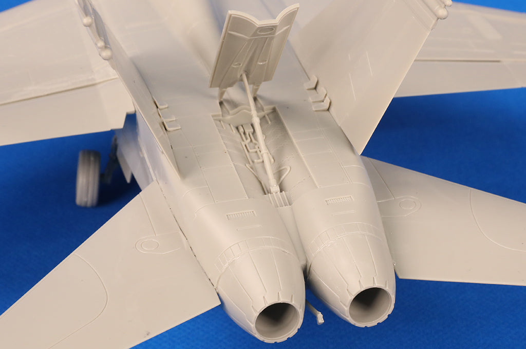 HobbyBoss 1/48 F/A-18C Hornet 85810 detailed twin engine exhaust nozzles and rear fuselage.