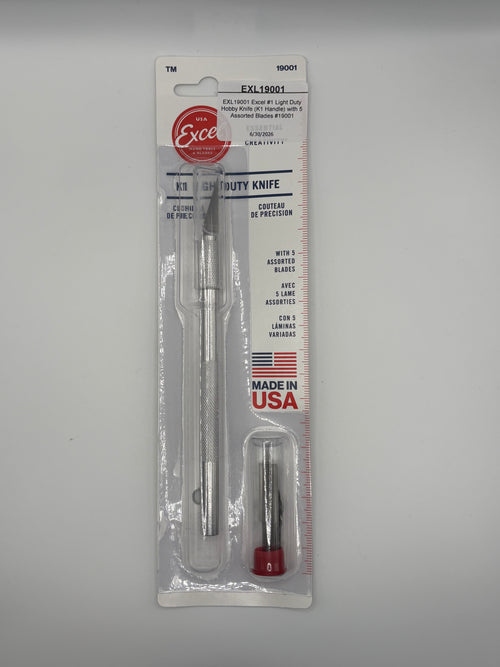 Excel brand straight utility knife in its original retail blister packaging, featuring a silver stainless steel knife and a small red-handled accessory, on a light gray background.