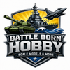 Logo of Battle Born Hobby with military vehicles and text on a white background