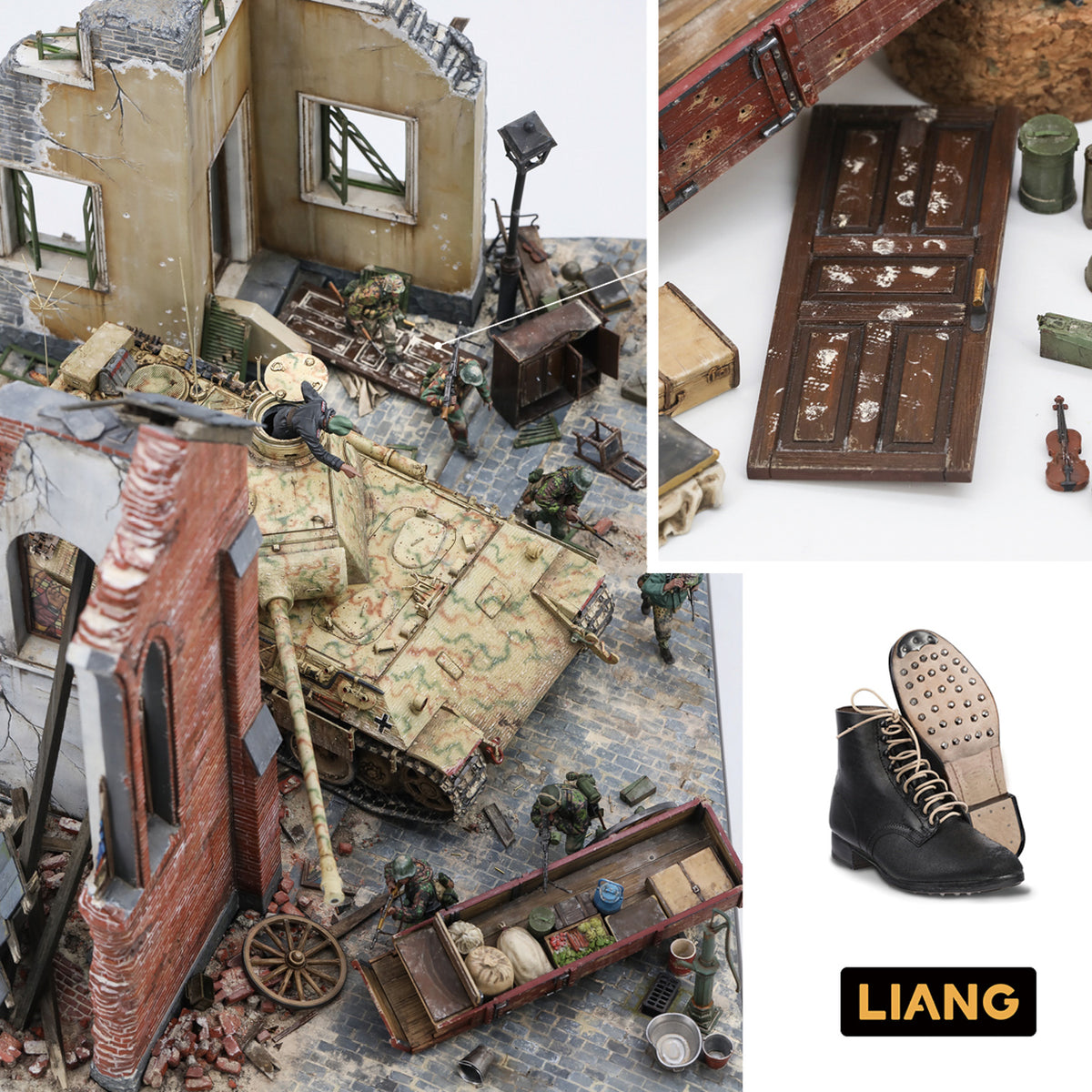 Liang 1/35 WWII Footprint Stamps demonstrated on a WWII diorama with realistic boot prints on a wooden door.