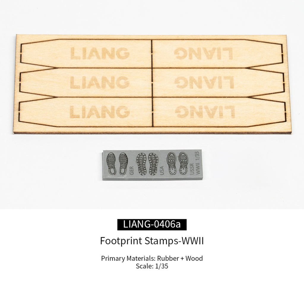 Liang LIANG-0406A 1/35 WWII Footprint Stamp set with German, U.S., and Soviet boot tread patterns and wooden handles.