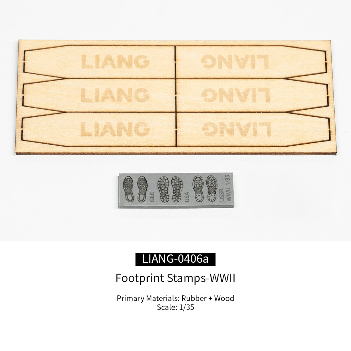 Liang LIANG-0406A 1/35 WWII Footprint Stamp set with German, U.S., and Soviet boot tread patterns and wooden handles.