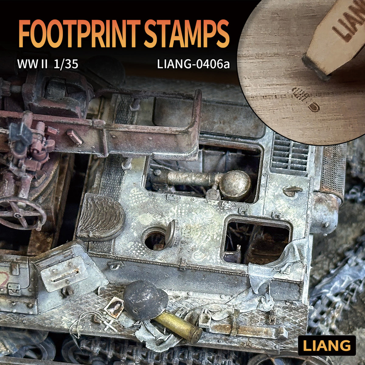 Liang LIANG-0406A 1/35 WWII Footprint Stamps demonstrating realistic boot prints on a scale model vehicle.