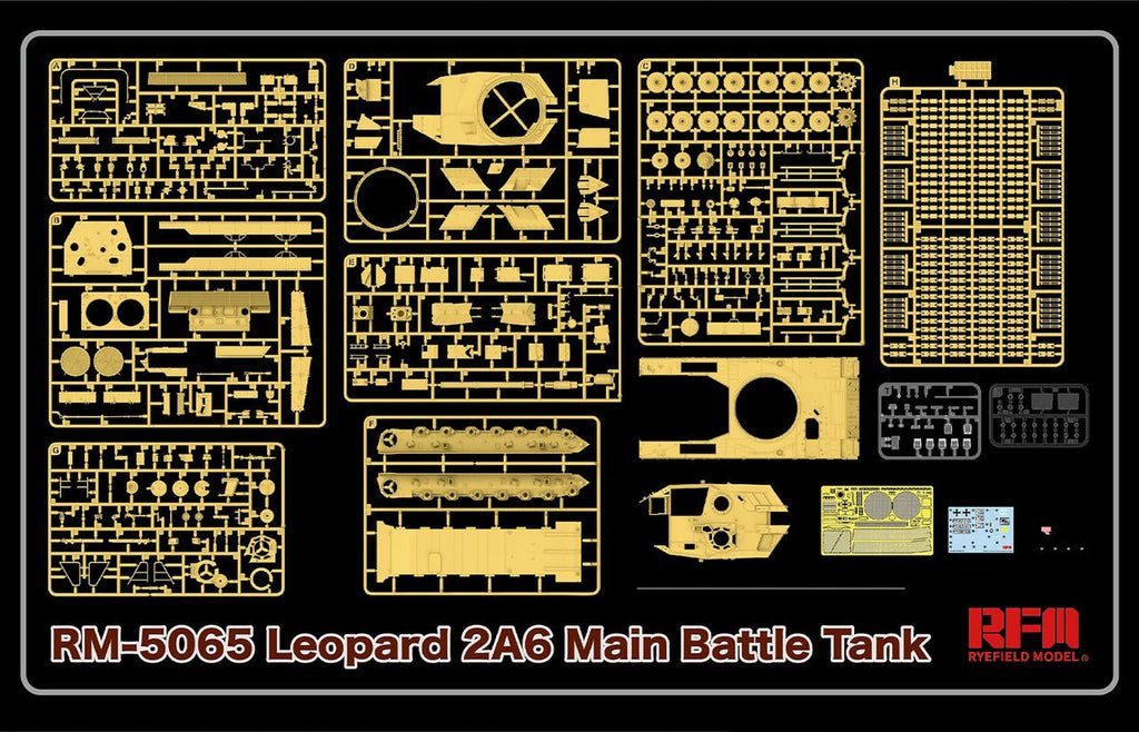 Rye Field Model 1:35 Leopard 2A6 plastic sprues, photo-etch, decals, and workable track links