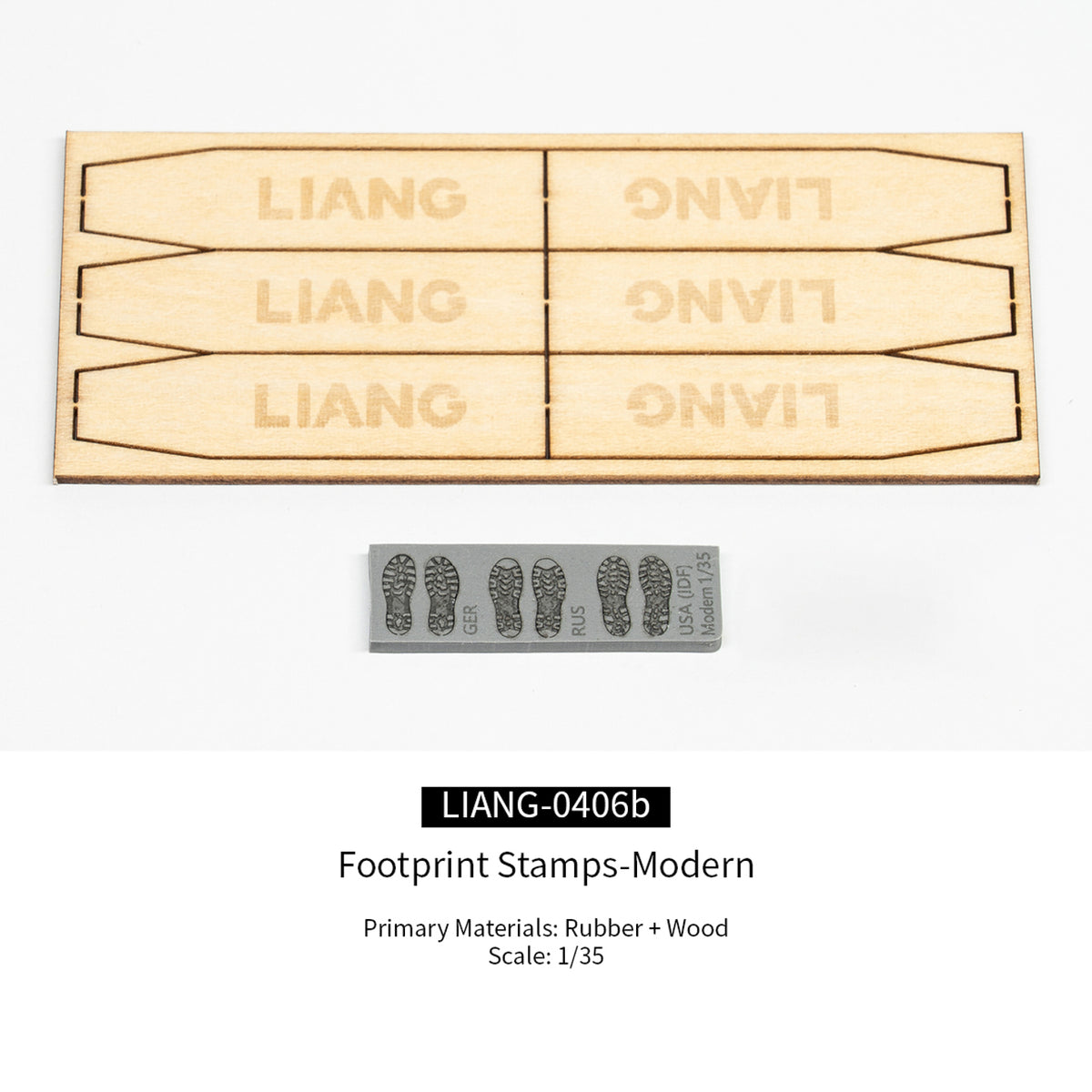 Liang LIANG-0406B 1/35 Modern Footprint Stamps showing German, Russian, and U.S. ODF boot tread patterns with wooden handles.