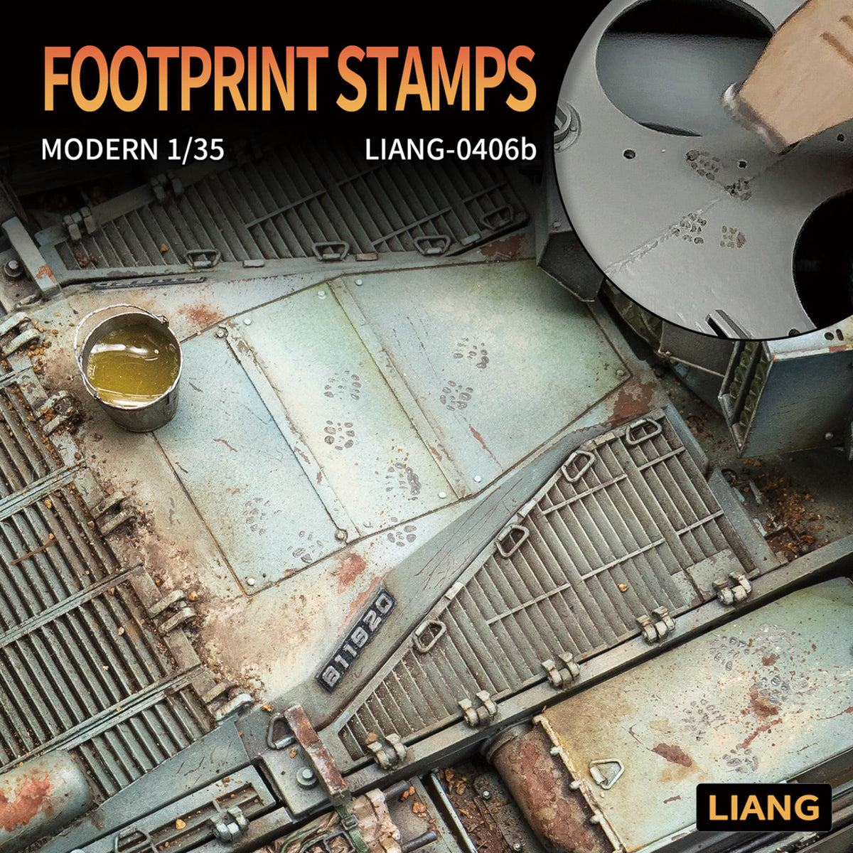 Liang LIANG-0406B 1/35 Modern Footprint Stamps creating realistic boot impressions on a military vehicle model.