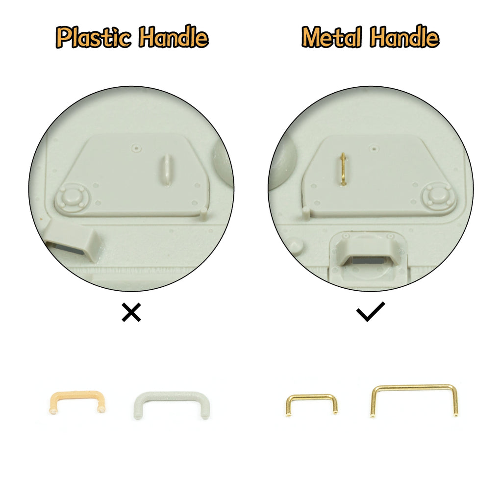 Liang Model LIANG-0235 Handle Bending Tool comparison showing plastic and metal model handles, demonstrating the use of bent metal wire for finer scale-model detail.