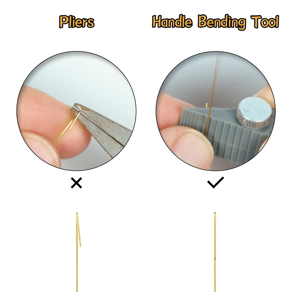 Liang Model LIANG-0235 Handle Bending Tool comparison showing pliers versus the bending tool for creating straight, consistent wire bends.
