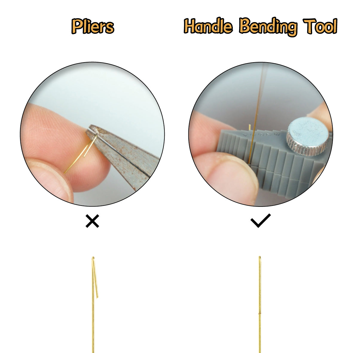 Liang Model LIANG-0235 Handle Bending Tool comparison showing pliers versus the bending tool for creating straight, consistent wire bends.