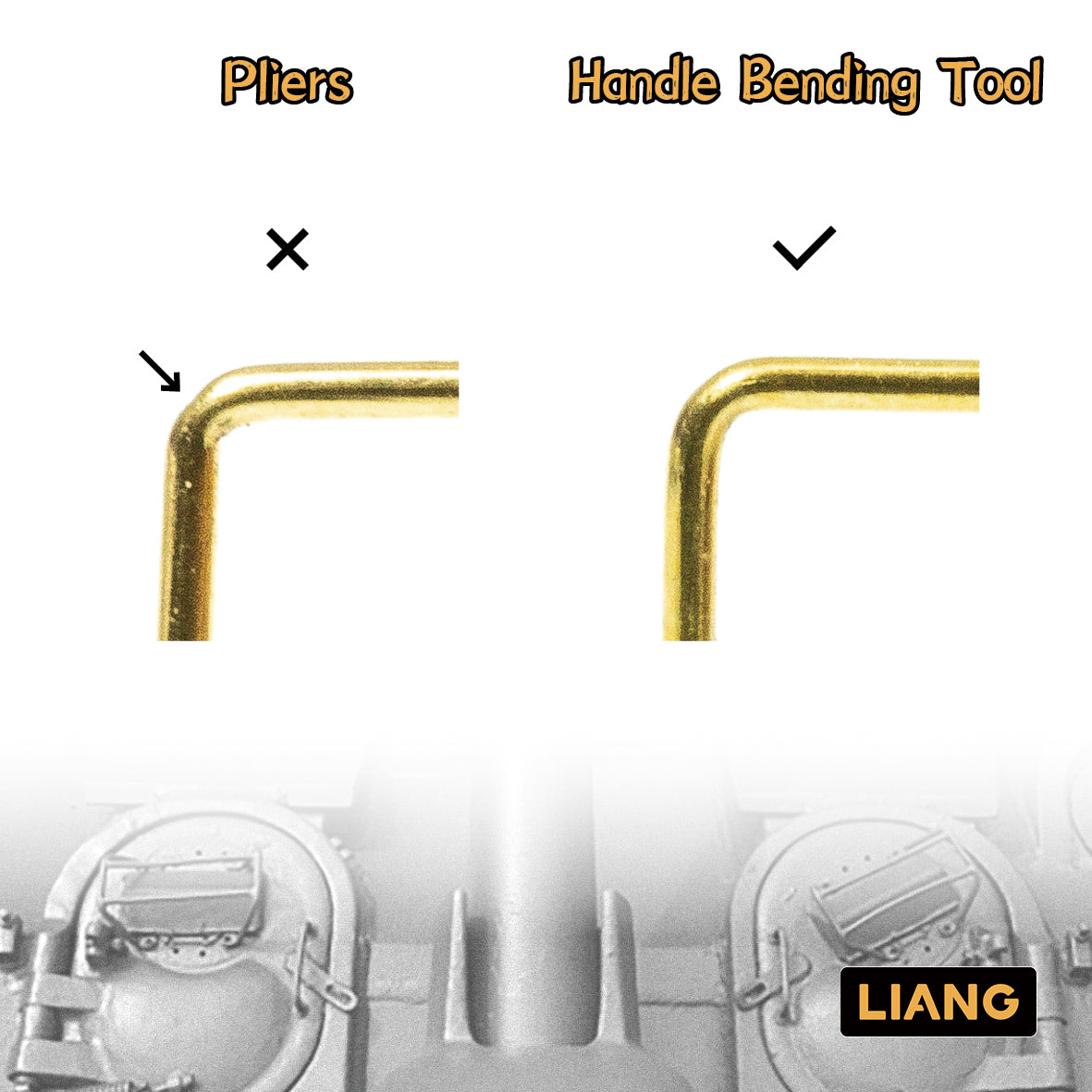 Liang Model LIANG-0235 Handle Bending Tool comparison showing a cleaner 90-degree wire bend compared with bending wire by hand with pliers.