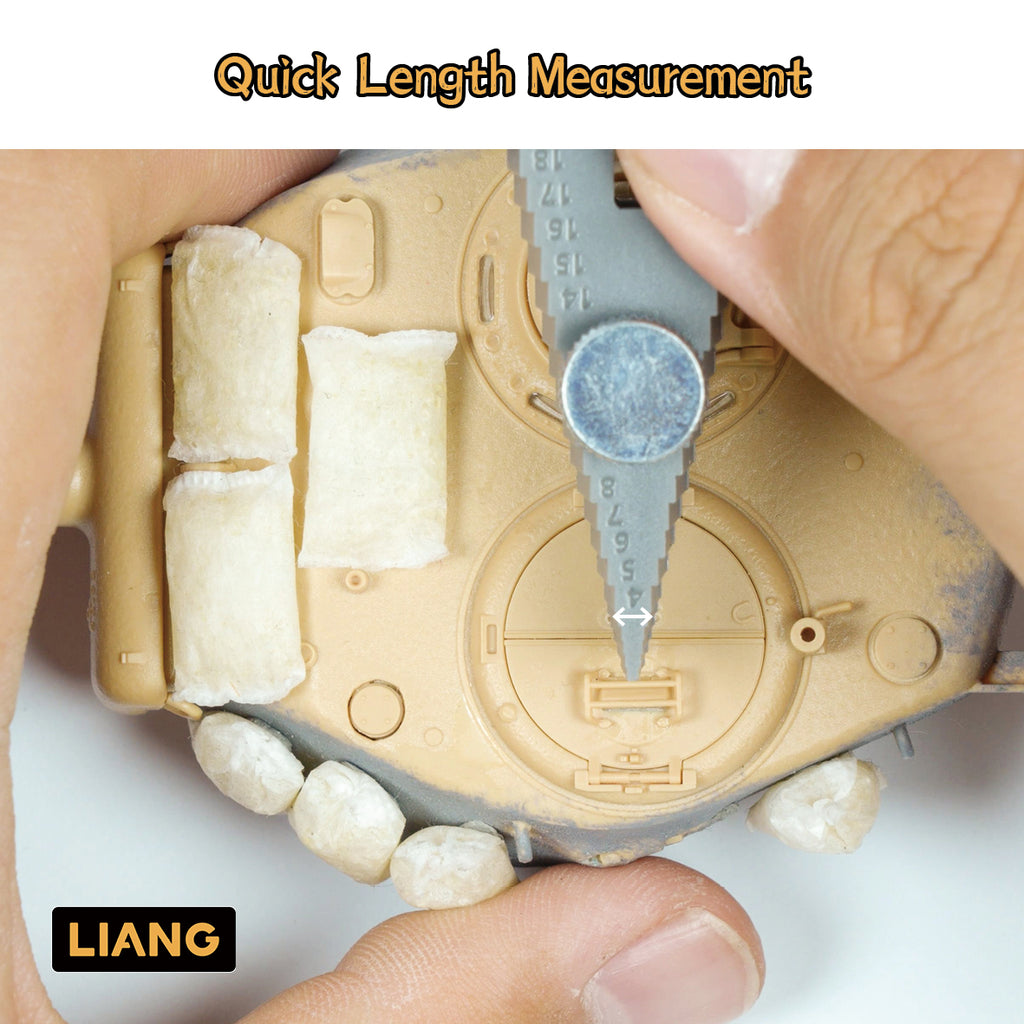 Liang Model LIANG-0235 Handle Bending Tool demonstrating quick length measurement for accurately sized wire grab handles on a scale model tank.
