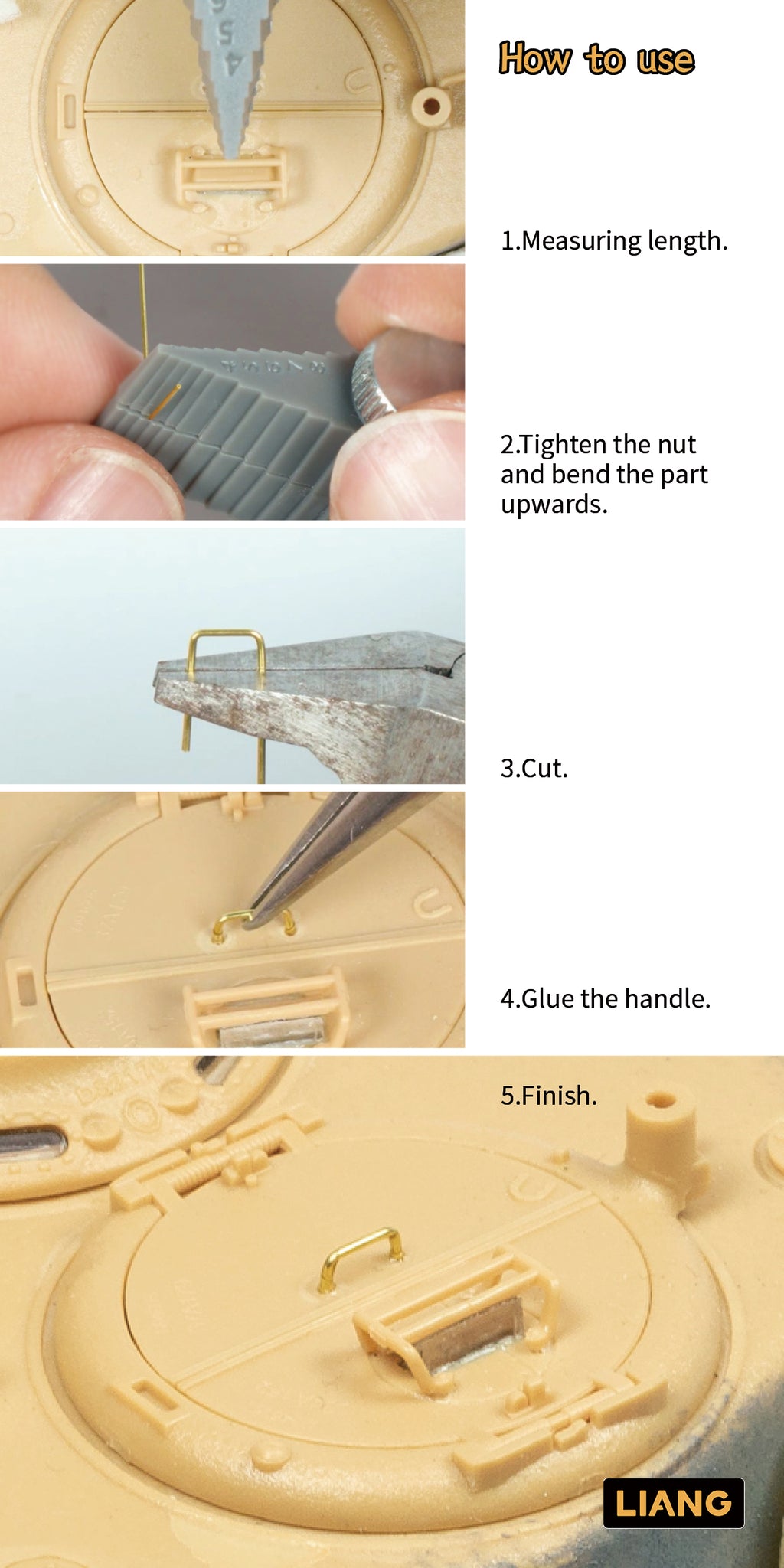 Liang Model LIANG-0235 Handle Bending Tool step-by-step guide showing how to measure wire, bend the handle, cut the excess wire, and glue the finished handle onto a scale model tank.