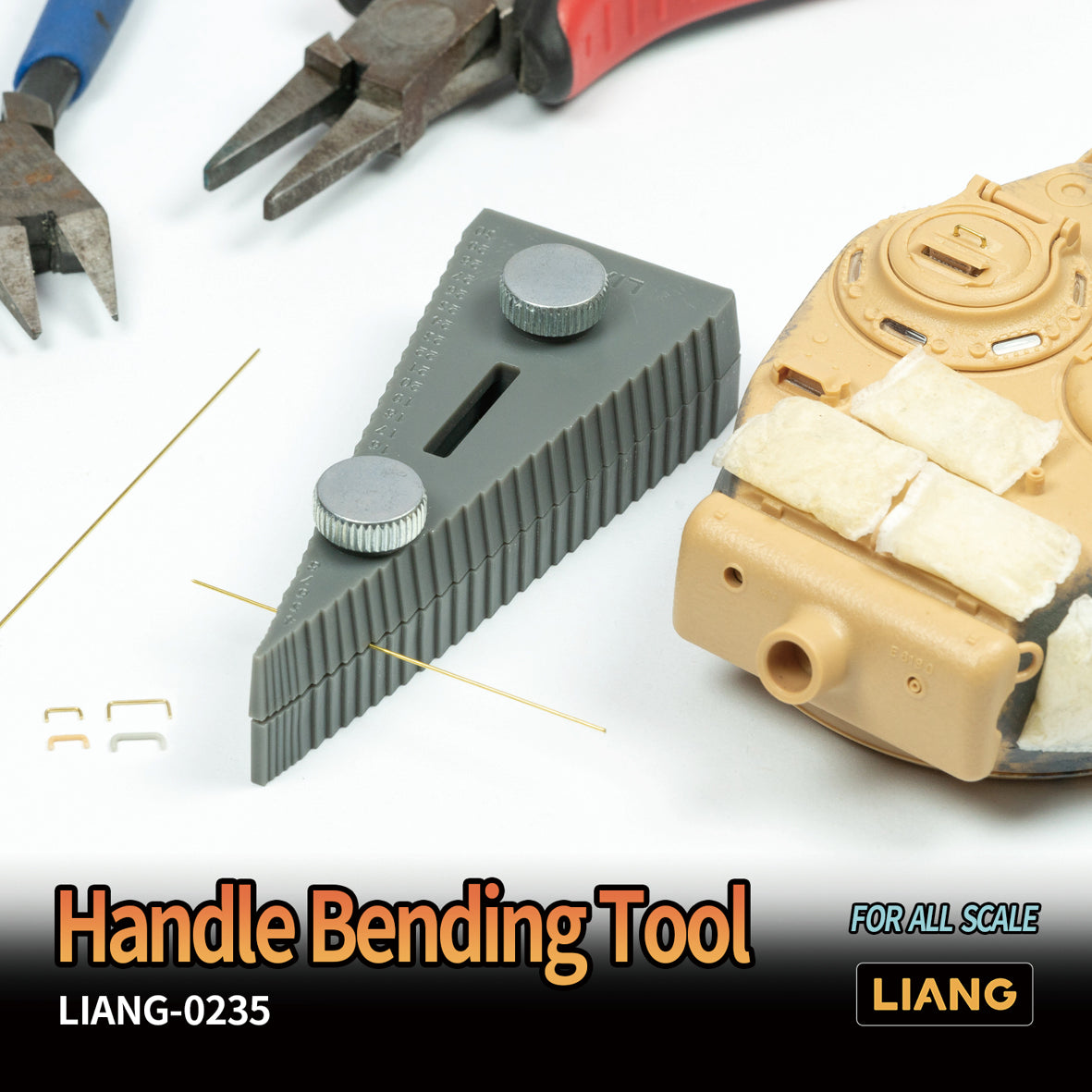 Liang Model LIANG-0235 Handle Bending Tool for forming precise wire grab handles in all scales, shown with a model tank turret and finished wire handles.