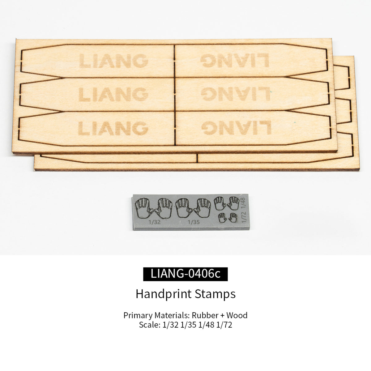 Liang LIANG-0406C Handprint Stamps product information showing rubber and wood construction and 1/32, 1/35, 1/48 and 1/72 scale compatibility.
