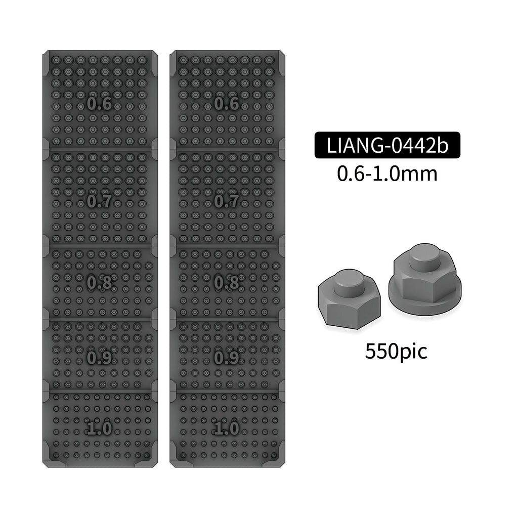 Liang Model 0442B Model Nuts & Bolts B 0.6–1.0mm showing 3D-printed hexagonal nuts and nuts with washers and bolt tips in multiple sizes.