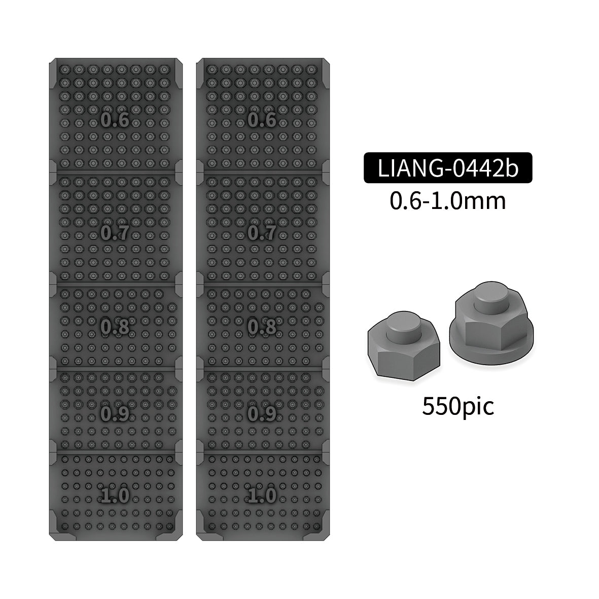 Liang Model 0442B Model Nuts & Bolts B 0.6–1.0mm showing 3D-printed hexagonal nuts and nuts with washers and bolt tips in multiple sizes.