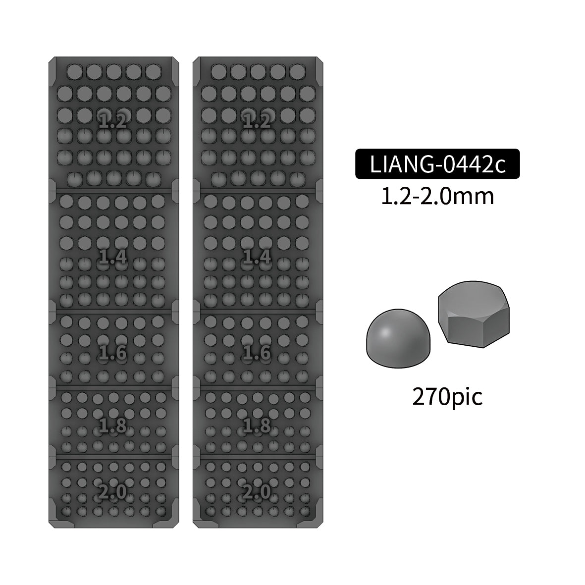 Liang Model 0442C Model Nuts & Bolts C 1.2–2.0mm showing 270 3D-printed round-head rivets and hexagonal bolts in five sizes from 1.2mm to 2.0mm.