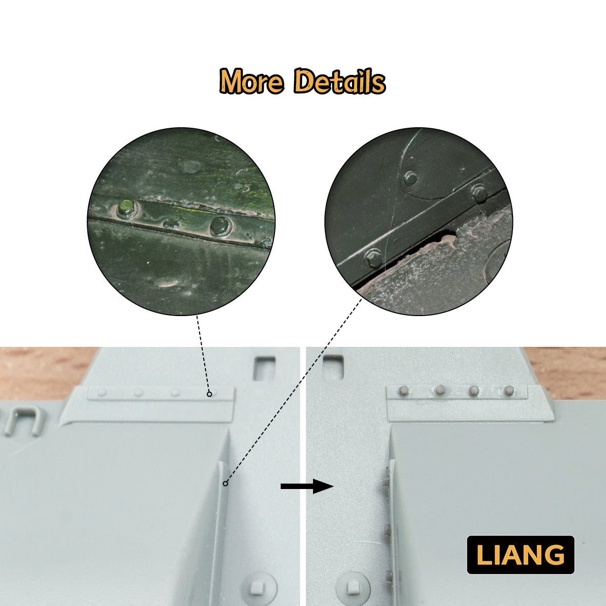 Liang Model LIANG-0442A Model Nuts and Bolts demonstrating how miniature rivet and bolt heads add sharper detail to scale-model armor panels and fasteners.