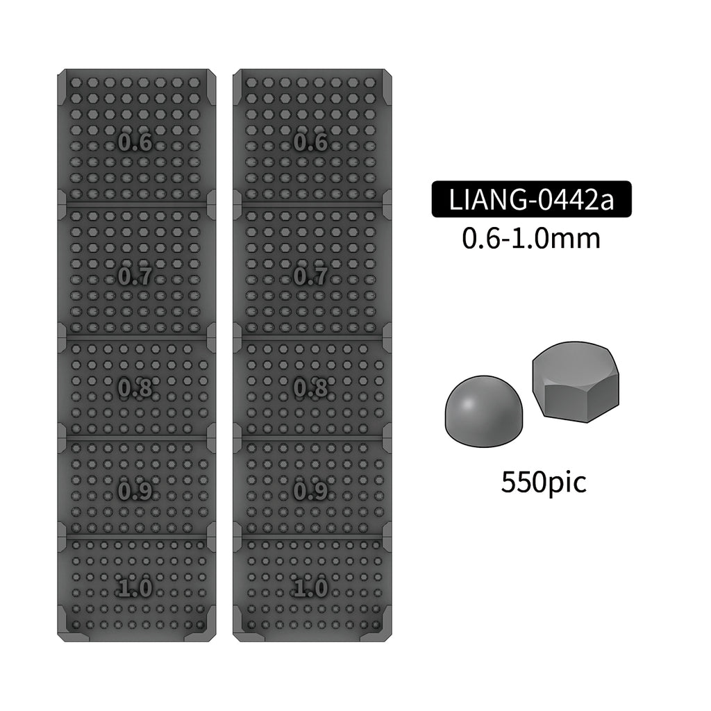 Liang Model LIANG-0442A Model Nuts and Bolts sizes showing 0.6mm, 0.7mm, 0.8mm, 0.9mm and 1.0mm fasteners with round and hexagonal head shapes; 550 pieces included.