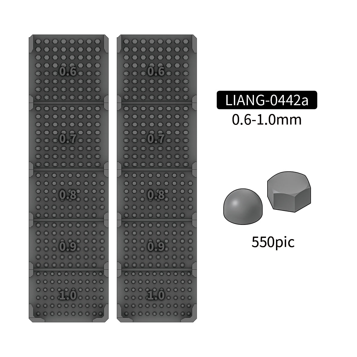 Liang Model LIANG-0442A Model Nuts and Bolts sizes showing 0.6mm, 0.7mm, 0.8mm, 0.9mm and 1.0mm fasteners with round and hexagonal head shapes; 550 pieces included.