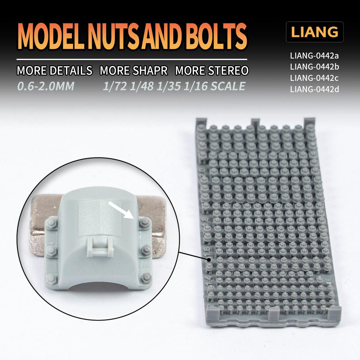 Liang Model LIANG Model Nuts and Bolts C 1.2–2.0mm showing a tray of 3D-printed round rivet heads and hexagonal bolt heads for scale-model detailing.