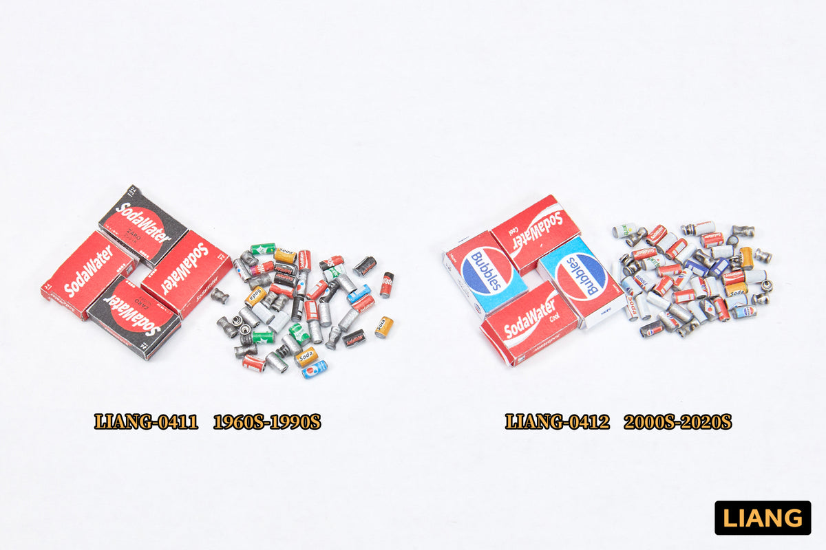 Liang Model LIANG-0412 1/35 Soda Cans and Cardboard Boxes 2000–2020 shown alongside the LIANG-0411 1960s–1990s set for comparison.