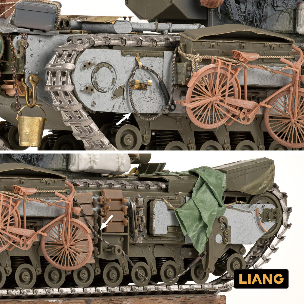 Liang Model Soft Tow Cable shown on a detailed scale tank with tow cable routing and flexible cable sections highlighted for vehicle detailing.
