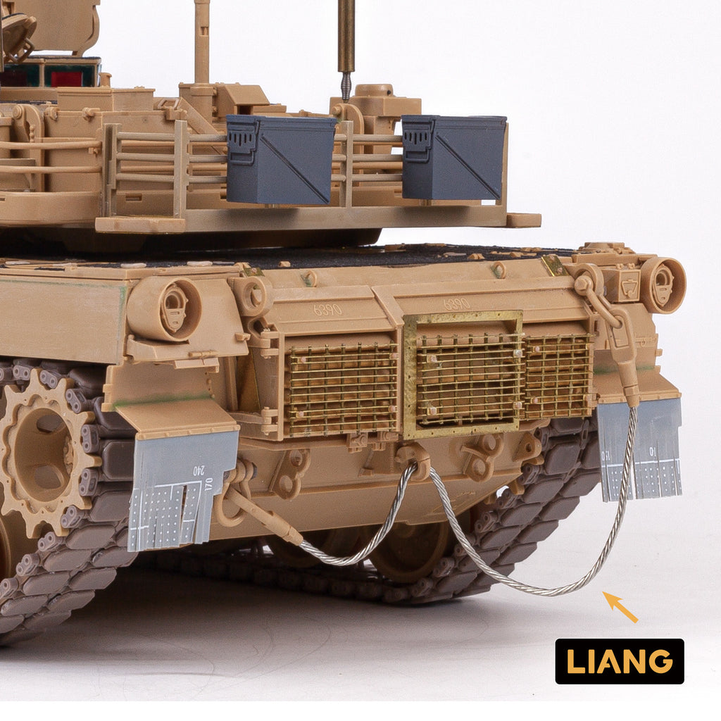 Liang Model 0450E Soft Tow Cable shown installed on a scale armored vehicle, demonstrating the flexible cable's natural sag and realistic braided appearance.