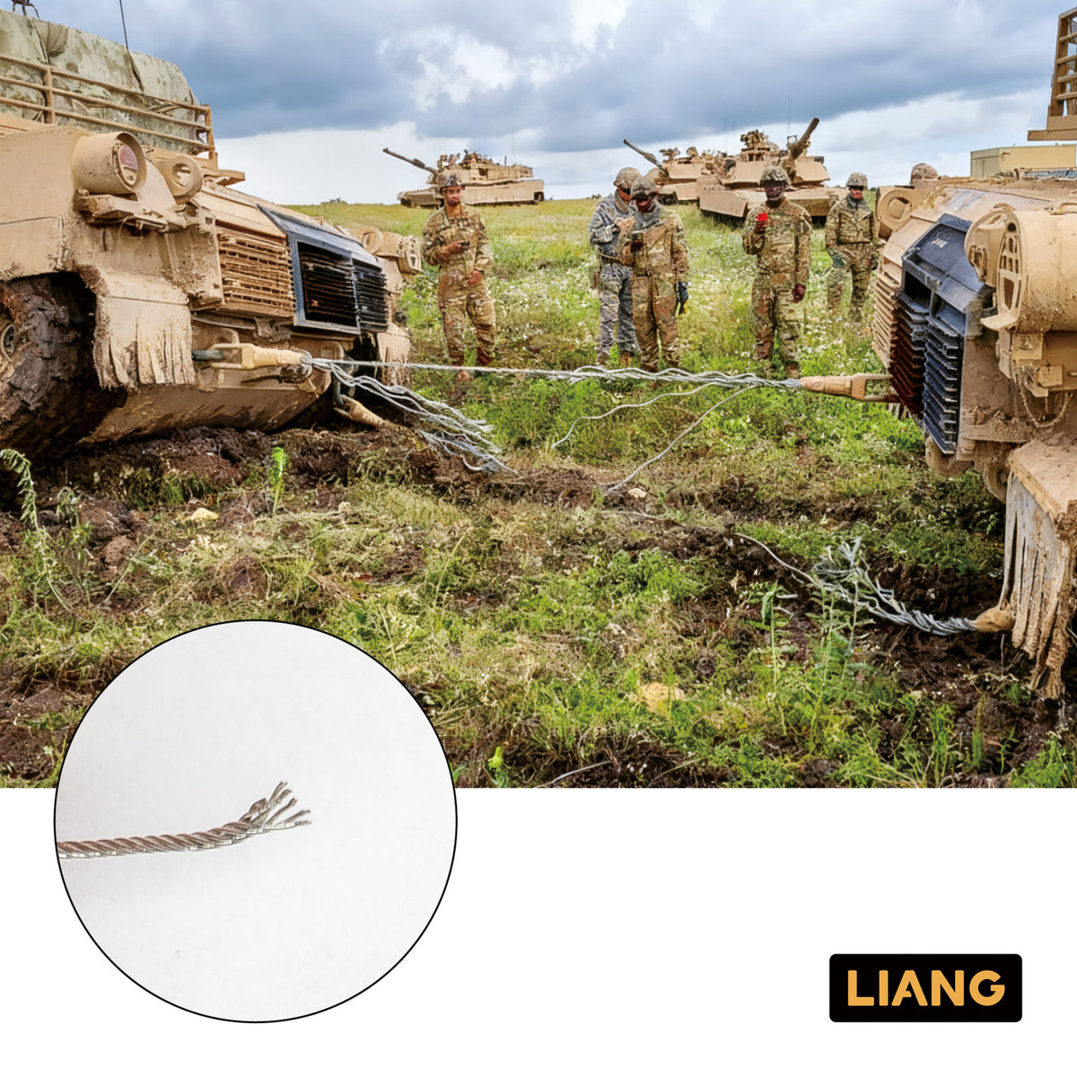 Liang Model Soft Tow Cable shown being used between two scale armored vehicles, demonstrating the realistic appearance and flexibility of the braided metal cable.