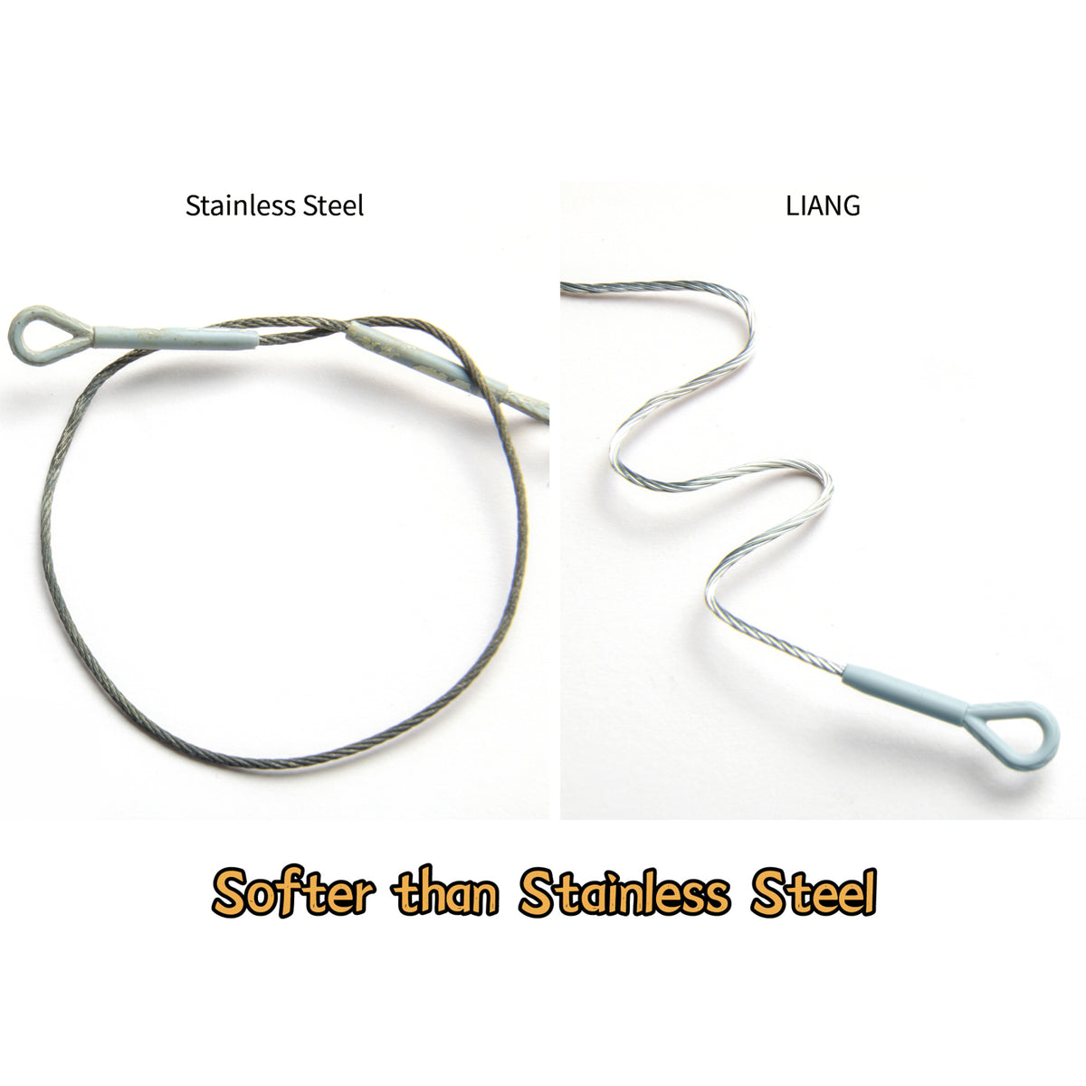 Liang Model Soft Tow Cable compared with conventional stainless-steel tow cable material, highlighting the softer and more flexible Liang cable.