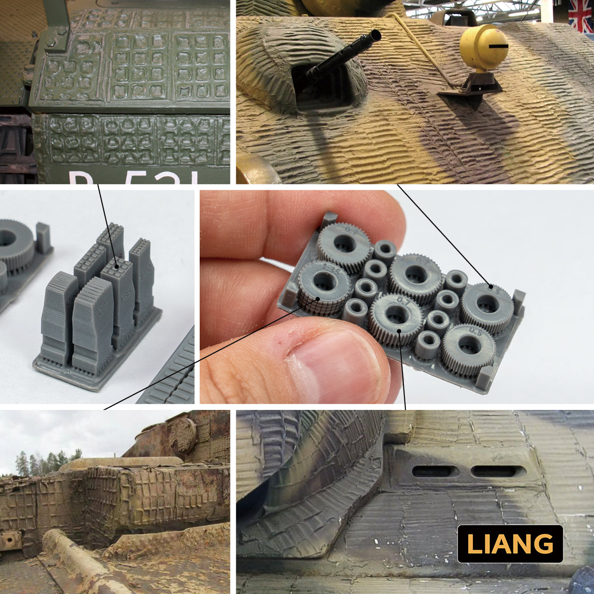 Liang Model LIANG-0229B Zimmerit Coat Upgrade Kit showing multiple Zimmerit texture patterns and replacement roller and stamp heads for German WWII armor.