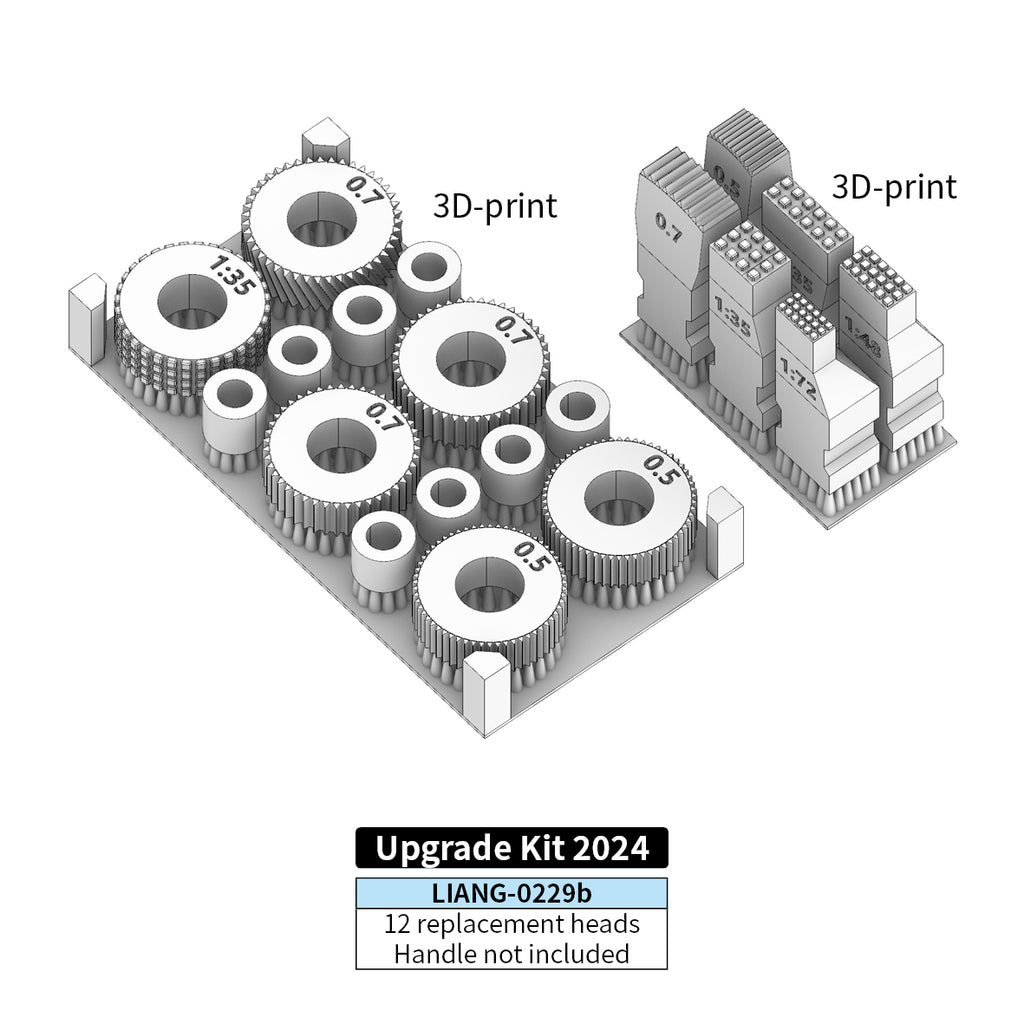 Liang Model LIANG-0229B Zimmerit Coat Upgrade Kit 2024 diagram showing 12 replacement heads for 1/35, 1/48 and 1/72 scale models; handle not included.