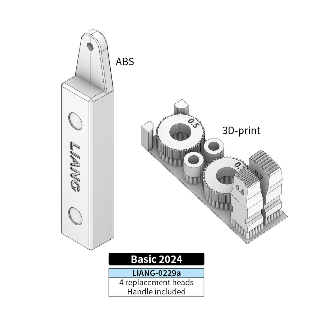 Liang Model LIANG-0229A Basic Zimmerit Coat Tool product diagram showing the ABS handle and four replacement Zimmerit roller and stamp heads for 1/35, 1/48 and 1/72 scale.