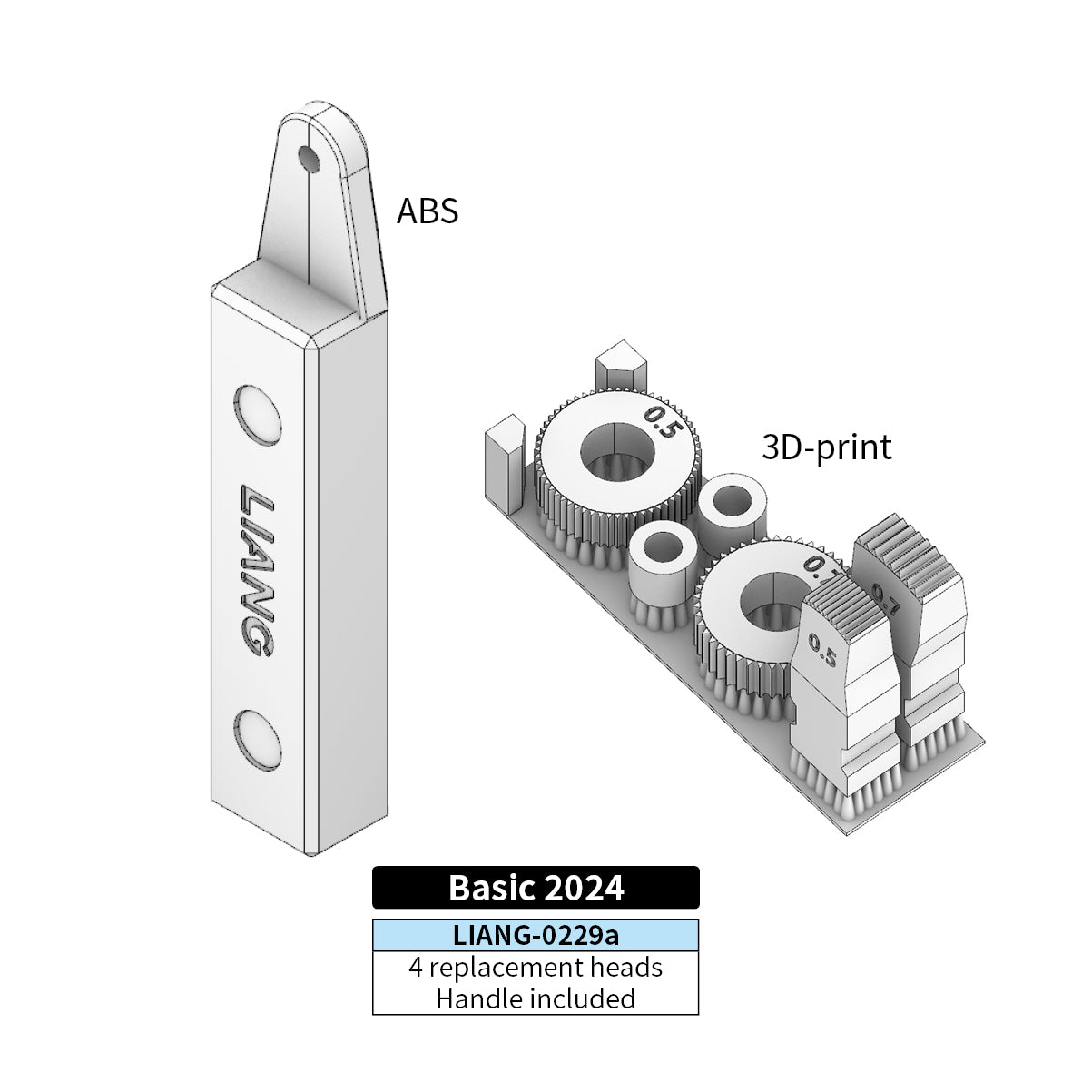 Liang Model LIANG-0229A Basic Zimmerit Coat Tool product diagram showing the ABS handle and four replacement Zimmerit roller and stamp heads for 1/35, 1/48 and 1/72 scale.