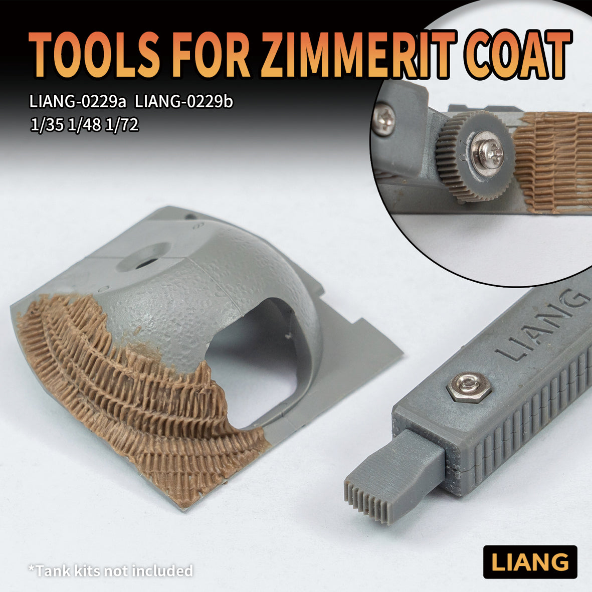Liang Model LIANG-0229A Basic Zimmerit Coat Tools showing Zimmerit texture applied to a scale German tank turret, with the tool and roller visible.