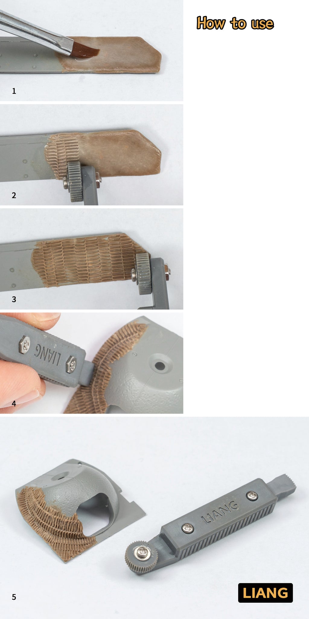 Liang Model LIANG-0229A Basic Zimmerit Coat Tool demonstrating how to apply Zimmerit texture to modeling putty in four application steps.